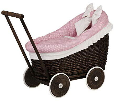 e-wicker24 Puppenwagen aus Weide mit Bettwäsche perfekte Geschenkidee Korbpuppenwagen schöner Spielzeug aus Korbgeflecht Korbwagen für Puppen Spielzeug für Mädchen (Dunkelbraun, Pink)