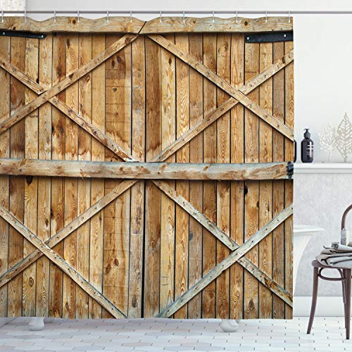 ABAKUHAUS Rustikal Duschvorhang, Holz-Holz-Tür Plank, Stoffliches Gewebe Badezimmerdekorationsset mit Haken, 175 x 240 cm, Braun