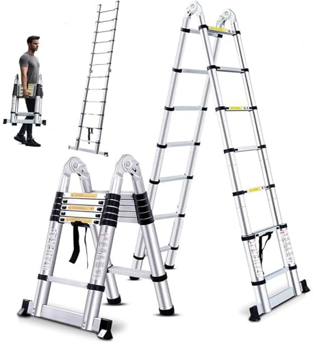 3,8M Teleskopleiter mit Stabilisator, 3.8M Ausziehbare Leiter Hochwertigem Klappleiter und Faltbaren Teleskopierbaren Aluminiumleiter 150KG (3,8M, 1,9M+1,9M)