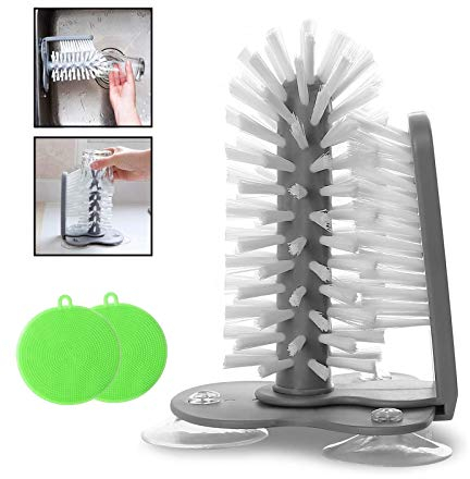 xianzhanEU Gläserspülbürste Doppelseitiger Borstenbürste, Flaschenbürste, Gläserbürste mit Saugnapf, für Bar Küche Spüle Reinigung Werkzeuge, mit 2 × Silikon Schwamm