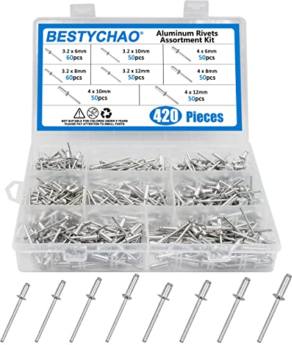 BESTYCHAO 420 pezzi 8 misure rivetti ciechi in alluminio, kit assortimento di rivetti pop M3.2 M4 (argento)