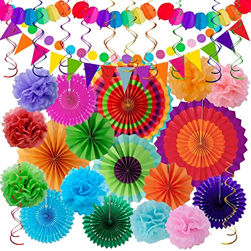 Huryfox Décoration de Fête Colorée pour les Fêtes les Anniversaires et les Carnavals - 33 Pièces Avec des Éventails en Papier Suspendus, des Pompons, des Rubans en Tissu et des Guirlandes de Fanions