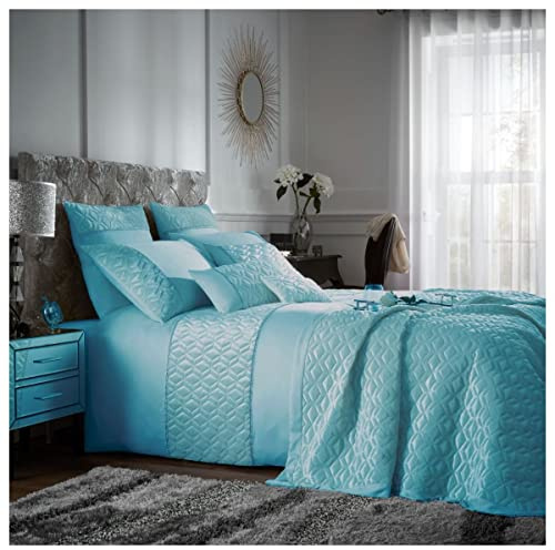 GC GAVENO CAVAILIA Easy Care Muriva Diamonds Duvet Cover, Luxury Soft & Warm Geometric Panel Comfy Bedding Shiny Quilt Set, Double, Duck Egg