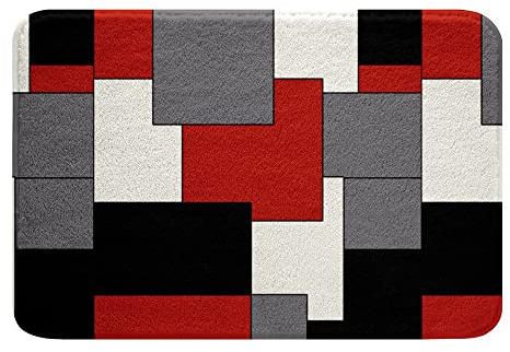 Rot Grau Weiß Schwarz Badvorleger Geometrische Quadratische Badezimmerteppiche 50x80cm Jugend Streifen Linien Badezimmermatte Rutschfeste Kinder Jungen Mädchen Moderne Abstrakte Gitter Badematte
