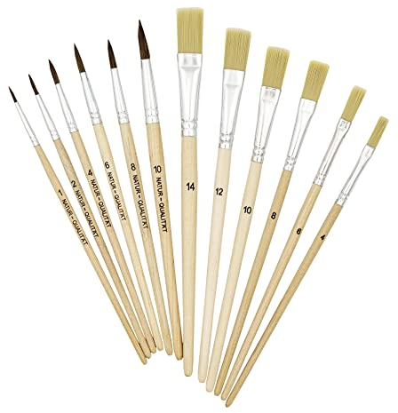 K3T Pinsel-Set 12tlg (Haarpinsel Größe 1, 2, 4, 6, 8, 10 + Borstenpinsel Größe 4, 6, 8, 10, 12, 14), Schaft naturbelassen, Art.Nr. 49411