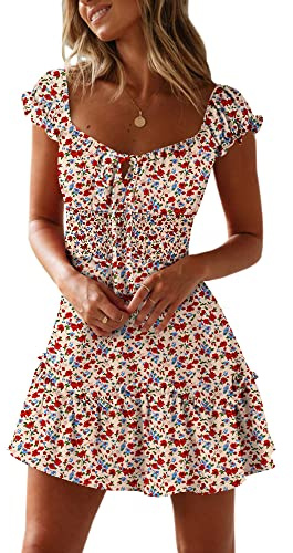 YOBECHO - Vestito da donna estivo con maniche a volant, scollo a cuore e stampa. Mini abito