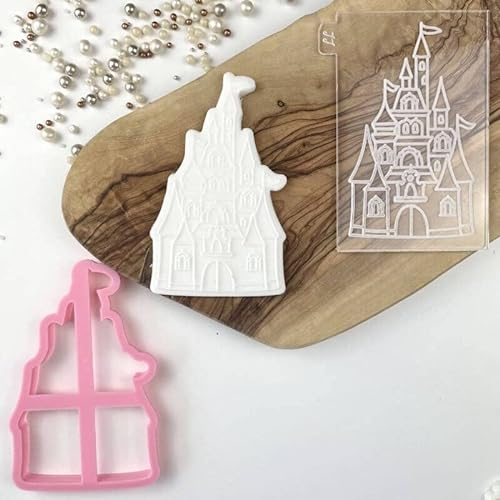 LissieLou Princess Castle Cookie Cutter and Embosser by Catherine Marie Cake Icing Stamp Fondant Embosser Princess Theme - Light Pink/Clear