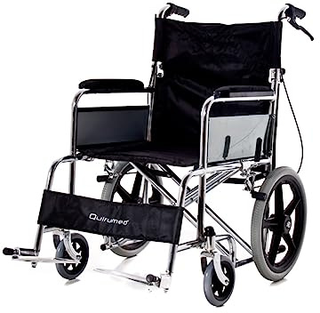 QUIRUMED Fauteuil roulant pliable en acier chromé pour transport, transport, léger, freins à poignée et freins à main, dossier rabattable, pliage facile, pour personnes âgées