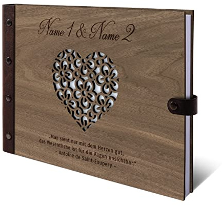 Personalisiertes Hochzeit Gästebuch Nussbaum Amerikanisch Ringbuch mit Holzcover 72 Blatt | 144 Seiten DIN A4 quer - Schmetterlinge