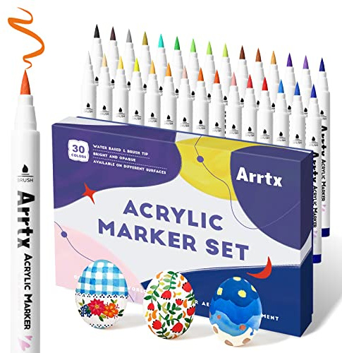 Arrtx Acrylic Paint Brush Pens for Rock Painting, 30 Colors Premium Graffiti Supplies, Acrylic Paint Pens for Stone, Craft DIY, Easter Egg, Wood, Glass and Fabric Painting-No Toxic,No Odor-Type 30B