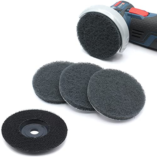 Set 4x Reinigungsscheibe + 1x Schleifteller Poliervlies Schleifvlies Schleifscheiben 76 x 10 mm Reinigungsvlies für Metall Edelstahl Teller 76mm Akku Winkelschleifer (Grau = Korn 600 + Teller)