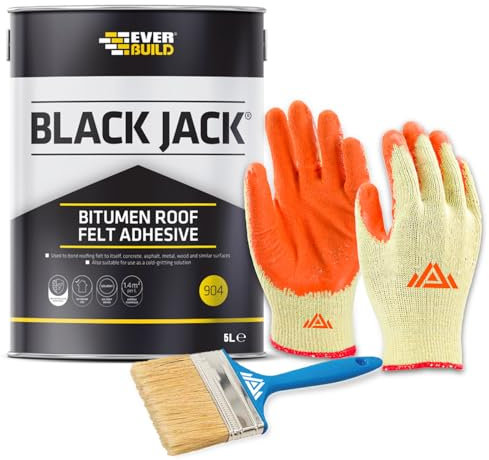 Perfectonish Black Jack 904 Bitumen Roof Felt Adhesive High Bond Strength Roofing Bond Weather Proof Roof Sealant With Brush and Protective Gloves (5-Litres)