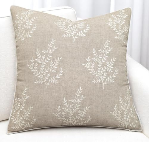 VAGMINE Embroidered Botanical Accent Pillow Cover 20x20 – Natural Linen Square Cushion Cover for Chair & Couch Styling – Leaves