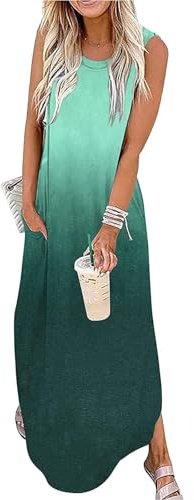 Cuptacc Sommarklänning, dam, lång, ärmlös, blommönster, strandklänning, maxiklänning med fickor, elegant, Mörkgrön färggradient, L