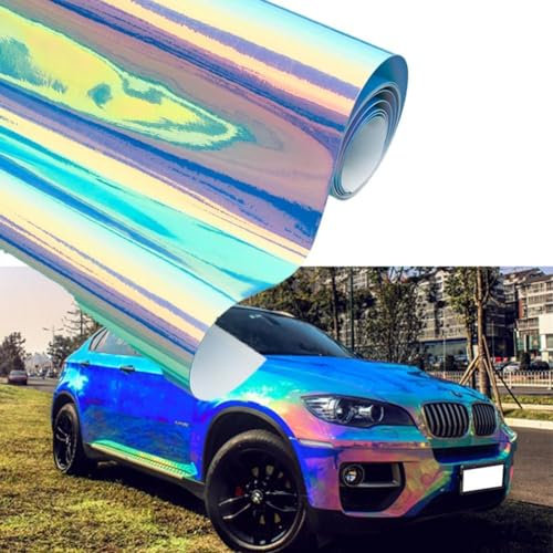 Blueshyhall Pellicola per auto effetto camaleonte, cromata, lucida, blu, verde e rosa, per auto, metallizzata, autoadesiva, per interni ed esterni, impermeabile (135 x 30 cm)