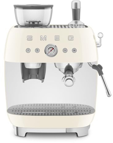 Smeg EGF03 Semi-Automatic Espresso Machine with Built-In Grinder, Dual Thermoblock, 50’s Retro Style – Cream (120 V)