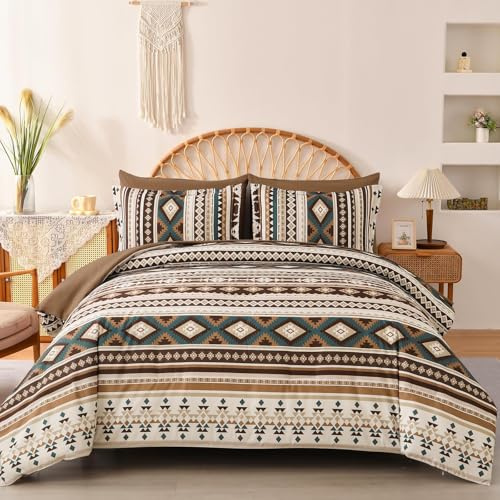Dinjoy Boho King Size Bed in A Bag 7 Pieces,Brown/Coffee Comforter Set Aztec Striped Fall Bedding Set Bohemian Patchwork Complete Set Geometric Pattern Comforters for Women Men 90×104