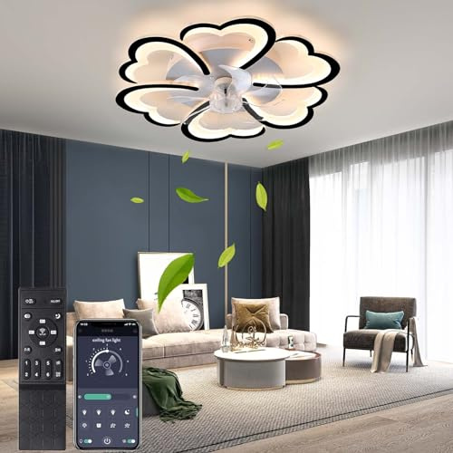 Heart Shaped Ceiling Fan Lights with Remote Control, Quiet Dc Motor Timer, 27'' Flush Mount Ceiling Fan with Light, LED Dimmable Ceiling Light and Fan for Bedroom Living Room Children's Room-Black