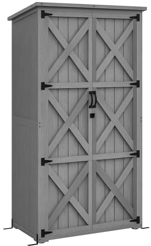 Outsunny Wooden Garden Shed, Outdoor Storage Cabinet with Waterproof Asphalt Roof, Narrow Tool Shed with Shelves and Lockable Doors, Gray