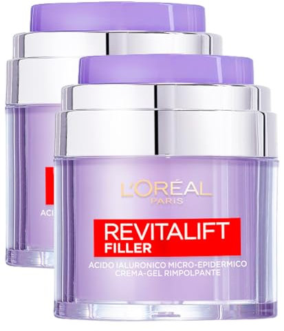 L'Oréal Paris Revitalift Filler Crema-Gel Viso Rimpolpante con Acido Ialuronico Nutriente e Idratante Texture Leggera per Tutti i tipi di Pelle - 2 Barattoli da 50ml