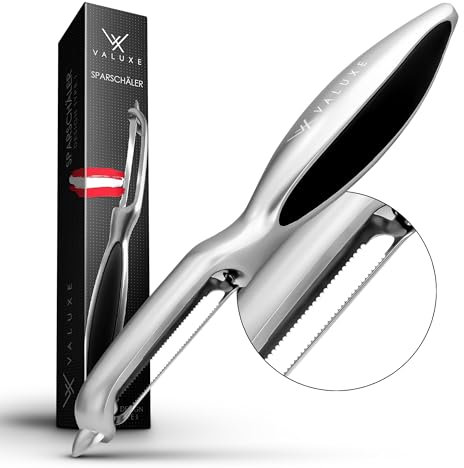 VALUXE® Sparschäler gezackt mit scharfer Edelstahl-Klinge & rutschfestem Griff - Profi I-Schäler zum präzisen Schälen - Kartoffelschäler, Gemüseschäler, Spargelschäler, Universalschäler