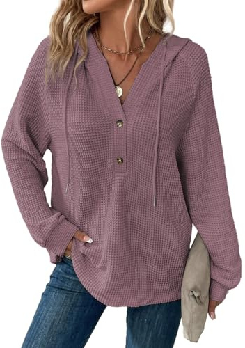 Dokotoo Womens Hoodies Sweater for Women Waffle Knit Drawstring Button V Neck Long Sleeve Casual Comfy Pullover Sweatshirt Hooded Tops Shirts Fall Outfits Fashion 2025 Trendy Clothes Purple X-Large