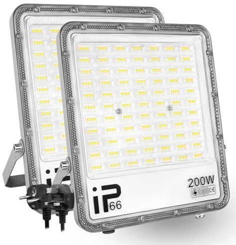 PICAA Lampada da esterno a LED da 200W, luce da lavoro LED 20000LM 6500K, Luce di sicurezza a LED impermeabile IP65 con spina per porta d'ingresso, magazzino, parcheggio, cortile, strade (2pz)