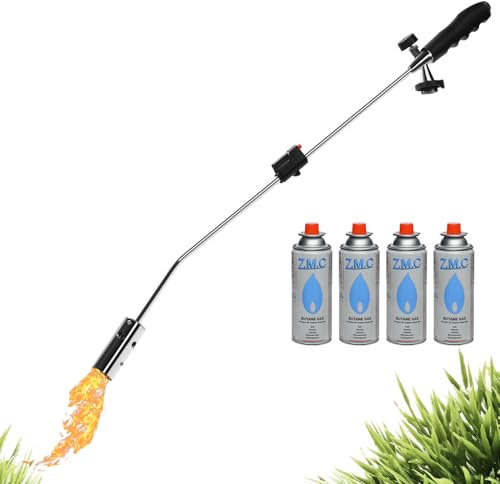 Z.M.C Unkrautbrenner 2,5 kW + 4x Gaskartuschen 227g, Unkrautvernichter mit Piezo-Zündung & stufenloser Flammenregelung, Abflammgerät bis 1400 °C für Garten, Gehweg, Grillanzünder, Moosentferner