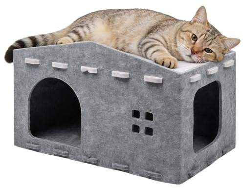 Katzenhöhle Filz, Katzenhaus aus Filz Katzenbett für Katzen, Abnehmbares Katzenbett, Katzenhaus Indoor, Katzenhöhle Katzen, Winterfest & Wärmeisolierend, Schutz der Katzennägel, 52x32x31 cm (Grau)