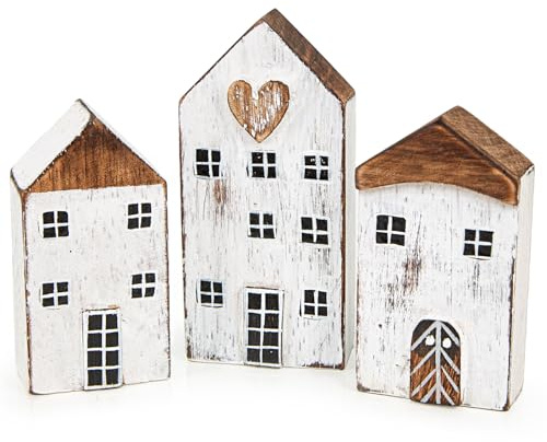 Logbuch-Verlag 3er Set Holz-Häuser mit Herz 16 cm Holz Figuren Dekohäuser maritim – Deko Wohnzimmer | Geburtstag Wohnen wohnliche Atmosphäre Ganzjahr einsetzbar