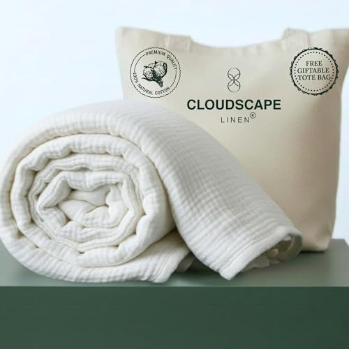 CLOUDSCAPE 4 Layer Muslin Blanket for Adults - 100% Cotton Blanket Queen Size Bedding, 92x92 Fits Upto Full Size Bed, All Season Lightweight Gauze Soft, Breathable Layering Summer Blankets -White