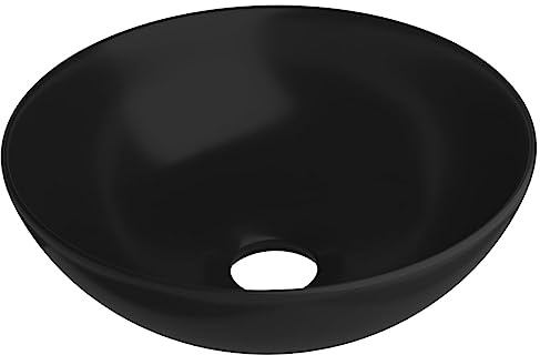Homvdxl 28 cm Round Bathroom Sink, Small Countertop Ceramic Basin Sink, Bathroom Ceramic Vessel Washbasin with Drainer Hole for Bathroom Cloakroom Vanity Lavatory, Matt Black