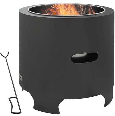 Outsunny Smokeless Fire Pit, 45cm Portable Wood Burning Firepit, Round Metal Bonfire Stove with Poker for Garden, Camping, Black
