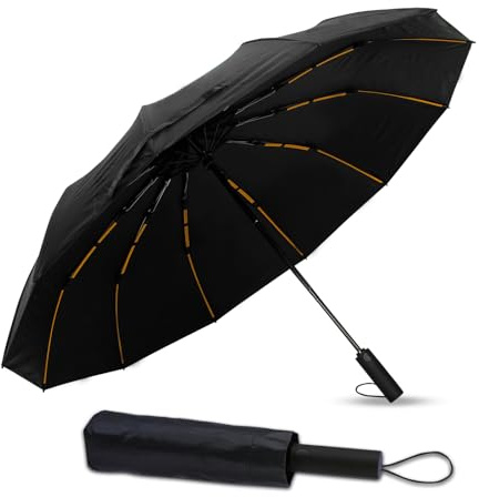 Windfromort Paraguas Plegable Automático 144 Varillas Negro | 144 varillas ultraresistentes - Apertura y cierre automático - Protección UV e impermeable