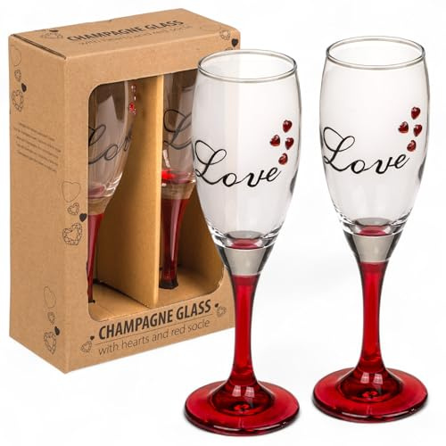 MIJOMA Champagneglas set om 2 – Love Design med röda hjärtstenar och rött handtag – romantiska glas för bröllop, alla hjärtans dag, årsdag, förlovning