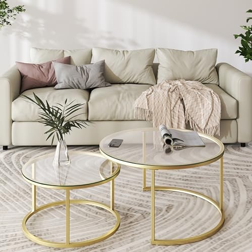 Ginhow Runder Couchtisch Glas Gold, Runder Wohnzimmer Tisch für Couch 80 cm | Couchtisch 2er Set Wohnzimmertisch Rund, Couch Tisch Wohnzimmer Modern mit Gold Metallbein, Coffee Table 80+60 cm