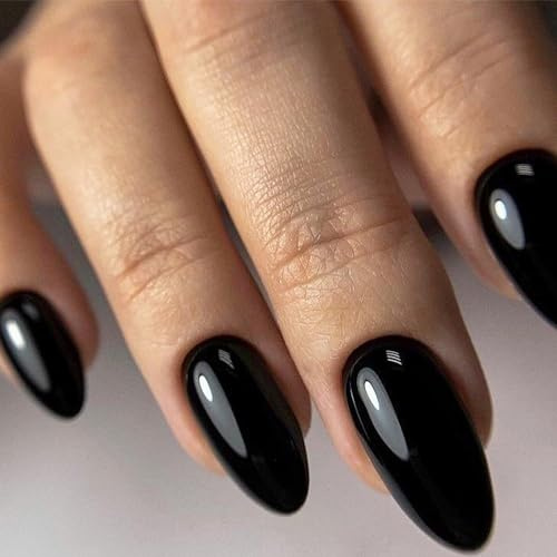 GLAMERMAID 24 PCS Mittlere Mandel Künstliche Fingernägel Schwarze Aufklebenägel Neutrales Jelly-Gel Glänzend Emo-Kunstnägel Stiletto Dunkel Klebenägel Für Frauen Wiederverwendbares Acryl-Set