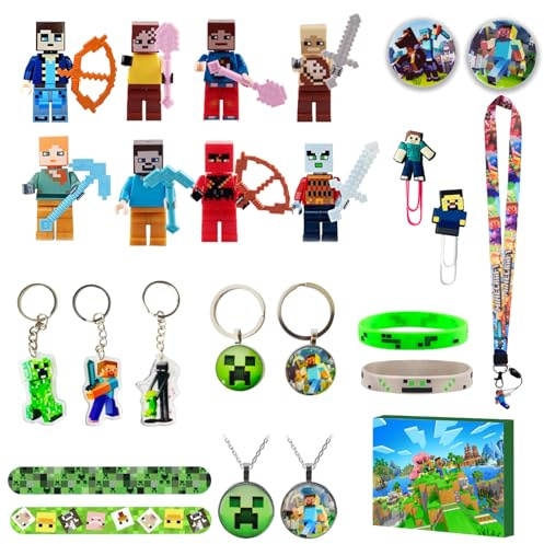 Krazuobi Gaming Party Bag Fillers, Goodie Bag Fillers for Kids, Gamer Party Favours Gift, Party Bag Filler Set with Figure Badge Bookmark Keychain Necklace Silicone Bracelet Slap Bands Lanyard
