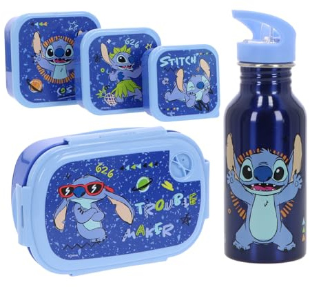 Stitch - Fiambrera infantil, botella y 3 cajas de aperitivos, color azul