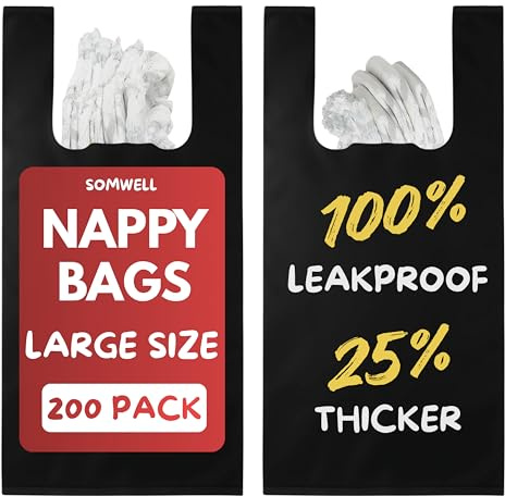 Somwell - Confezione da 200 sacchetti per pannolini per adulti - Sacchetti 20% più spessi, manici con nodo facili, sacchetti discreti in plastica nera, senza odori, a prova di perdite, smaltimento