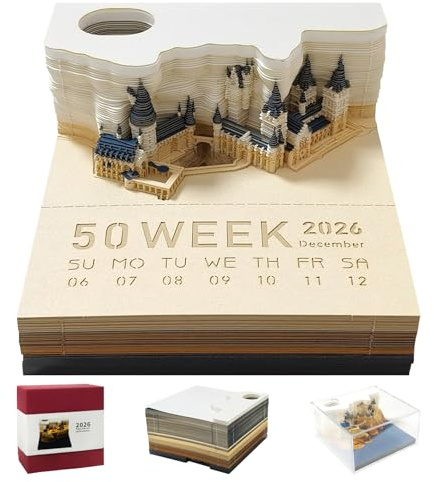 3D Kalender Abreißen, 3D Kalender 2026, 3D-Notizblock, Tischkalender-Notizblock, Papierskulptur Desktop Ornament, Kreative Magic Castle Haftnotizen, DIY Dekoration Geschenk