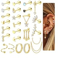 Adramata 25 Stück Helix Piercings Chirurgenstahl Ohrringe 18K Vergoldete/Versilberte Klein Creolen Ohrstecker Set Hypoallergen Knorpel Ohrringe Damen CZ Daith Conch Tragus Piercing Ohr Schmuck