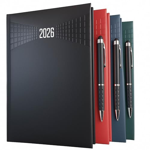 Agenda 2026 giornaliera A5 12 mesi 21x15 cm multilingue con rubrica telefonica, Cartina geografica e Festivita nel mondo, cover cartone, copertina rigida + omaggio penna sfera touch screen (casuale)