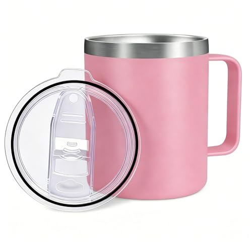 Byitin Taza Térmica 360ml con Manija, Vaso Térmico de Acero Inoxidable con Tapa Antiderrames, Termo Café para Llevar Ideal para Trabajo, Coche y Actividades al Aire Libre（Rosa）