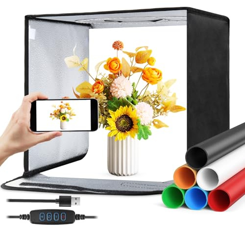 Caja de luz fotográfica de 30 x 30 cm, kit de estudio de tienda de campaña de iluminación de fotografía con luz LED regulable de 3 colores, 6 fondos de colores para joyas, obras de arte, objetos
