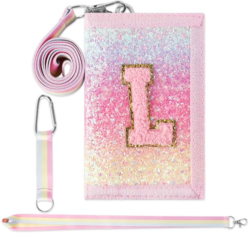 GmeDhc Portefeuille pour Enfant Lettres de A à Z, Porte Monnaie Enfant Pliable avec Mousqueton, Lanière de Cou, pour Filles