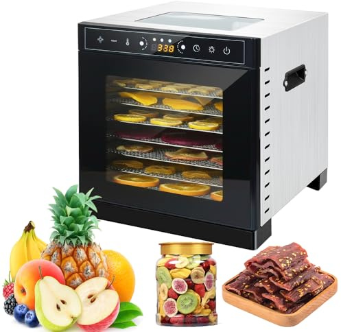 Deshidratador de alimentos con 6 bandejas espacio de secado de 3.6ft²Bandejas de acero inoxidable de 400W Secado rápido(86°F-194°F) Ideal para cecina,golosinas para perros,hierbas,carne,frutas