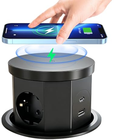 Enchufe Retráctil de 3 Enchufes, Regleta Empotrable Mesa con 15W de Carga Inalámbrica, USB C y USB A, Toma Empotrable Escritorio para Oficia, Casa y Cocina, Cable de 1,5M