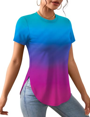 Rapbin Women Gym Tops Running Sports Yoga T Shirts Workout Exercise Tee Shirts Short Sleeve Fitness Clothes Split Hem Tshirt