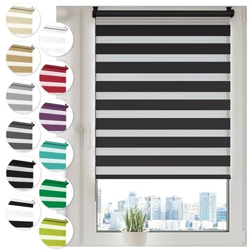 Sonello Dubbel Rullgardin utan Borrning for att Klämma 70x130cm Svart | Zebra Double Roller Rullgardin, Solskyddsrullgardin med Klemfäste, Fönsterrullgardin, för Fönster & Dörrar, Klemmfix
